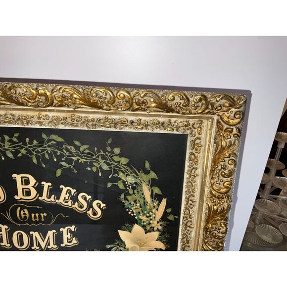 Antique God Bless Our Home Chromolithograph print antique gesso frame must see! - Picture 7 of 8